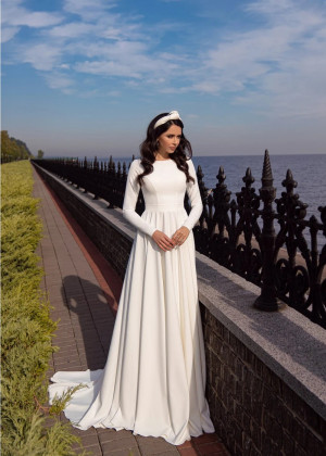 Long Sleeves Ivory Satin V Back Simple Modest Wedding Dress Long Sleeves Ivory Satin V Back Simple Modest Wedding Dress